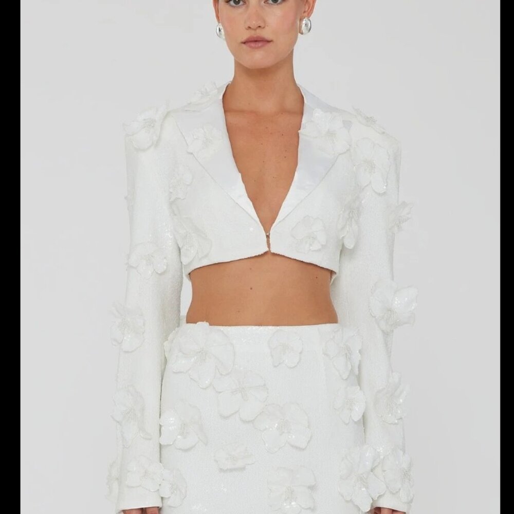 New ROTATE Sequin Flower Blazer in Egret white crop